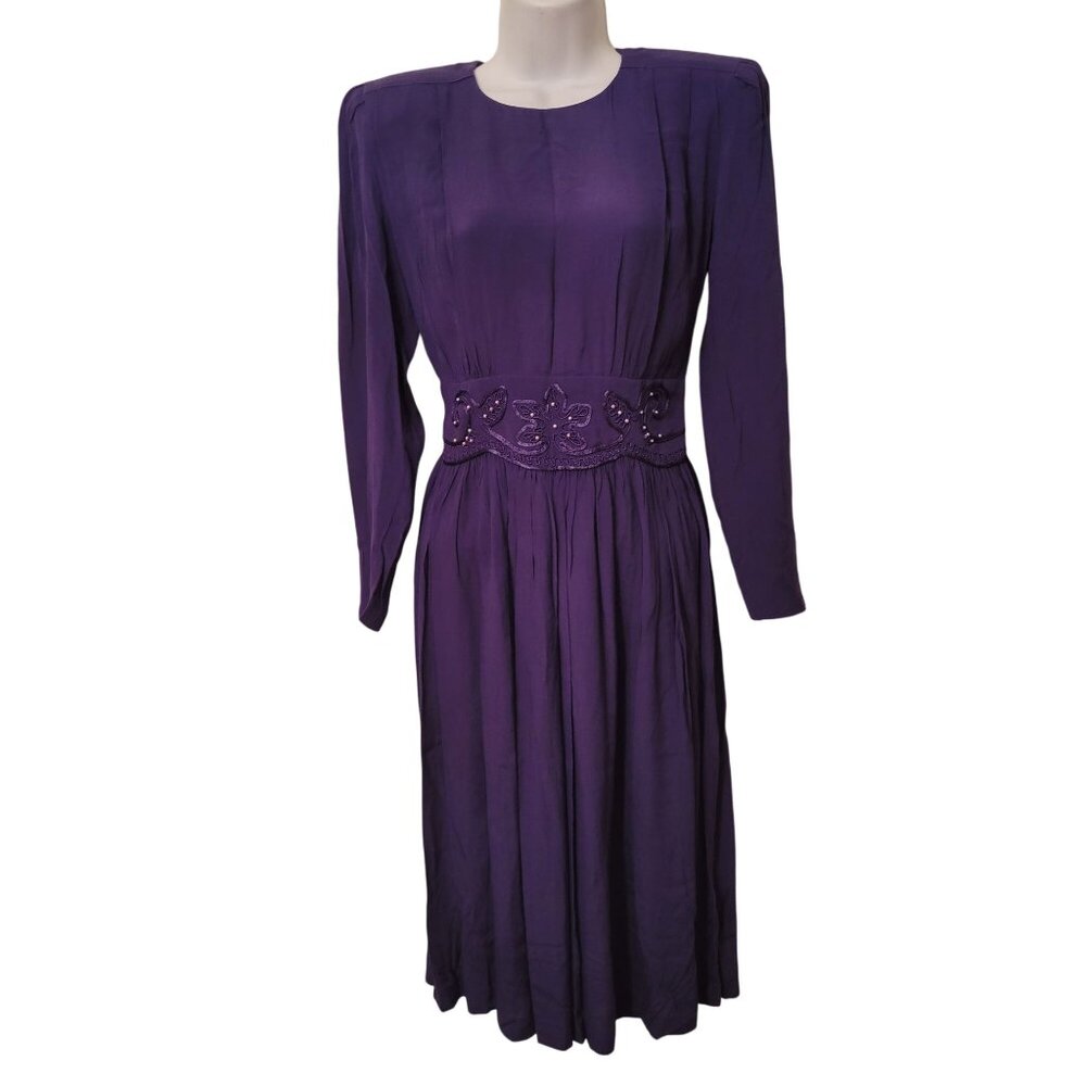 Vintage Karin Stevens 4 Purple‎ Long Sleeve Pleated Midi Dress Beaded Waist